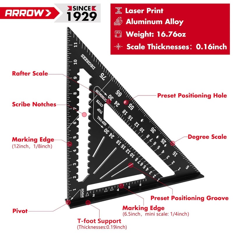 Arrow Fastener Arrow Aluminum Alloy Carpenter Square, 12-Inch Rafter Square Layout Tool, Woodworking Triangle Ruler for Carpentry and Craftsmen - Image 3
